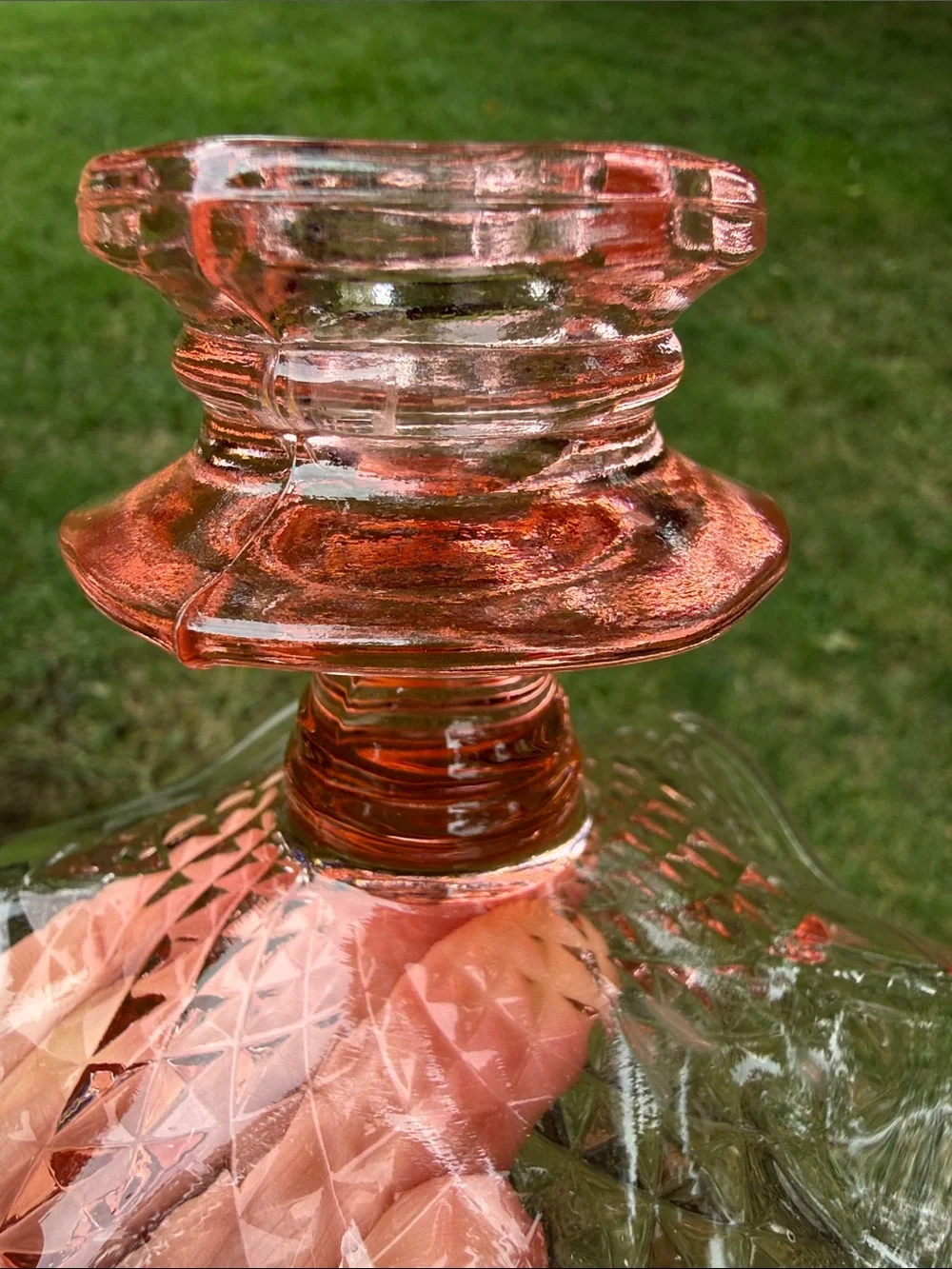 Pink Depression Glass Candle Holder with Unique Scalloped & Patterned Base EC